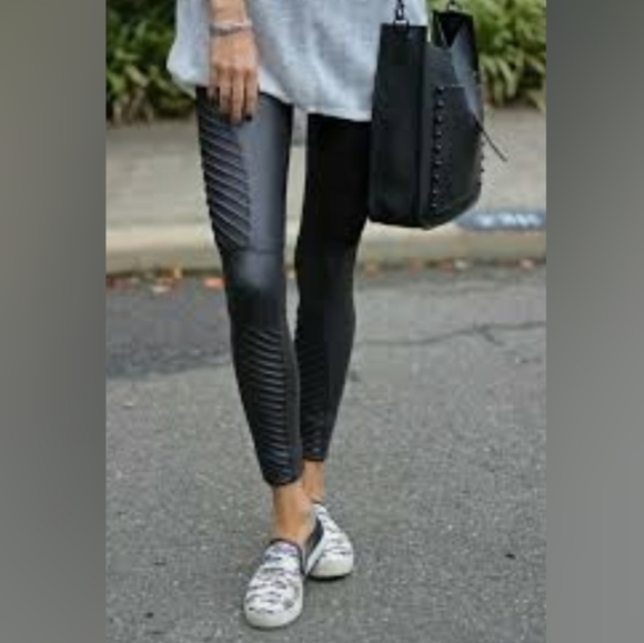 SPANX Pants - spanx high rise faux leather moto leggings black